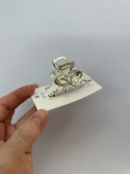 Краб металічний, срібний, метелик з білим камінням, 6,5 см, шт. NS0000722 фото