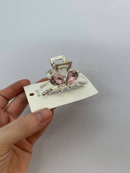 Краб металічний, срібний, метелик з рожевим камінням, 6,5 см, шт. NS0000725 фото